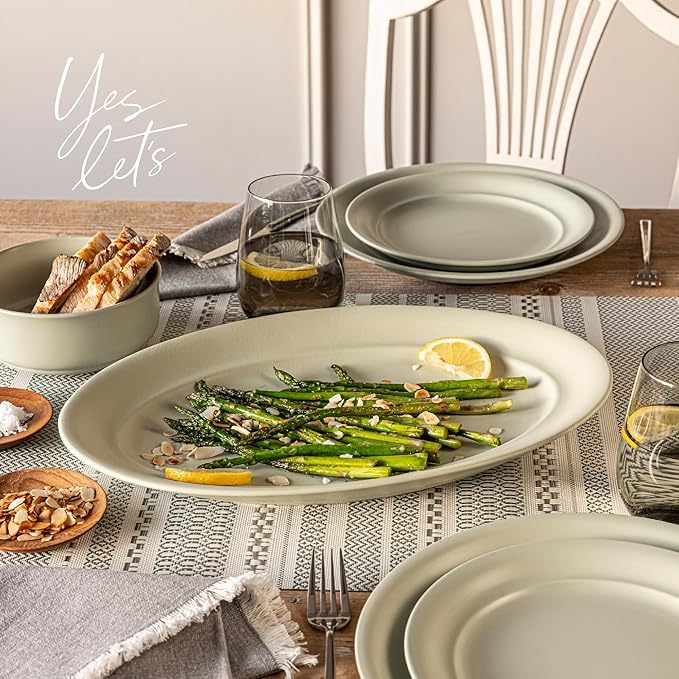 over&back Rim Stoneware Serving Platter - Elegant 1-Piece Oval Serving Platter to Complete Your Kitchen Set - 16" L x 10.8" W Semi-Matte Sage