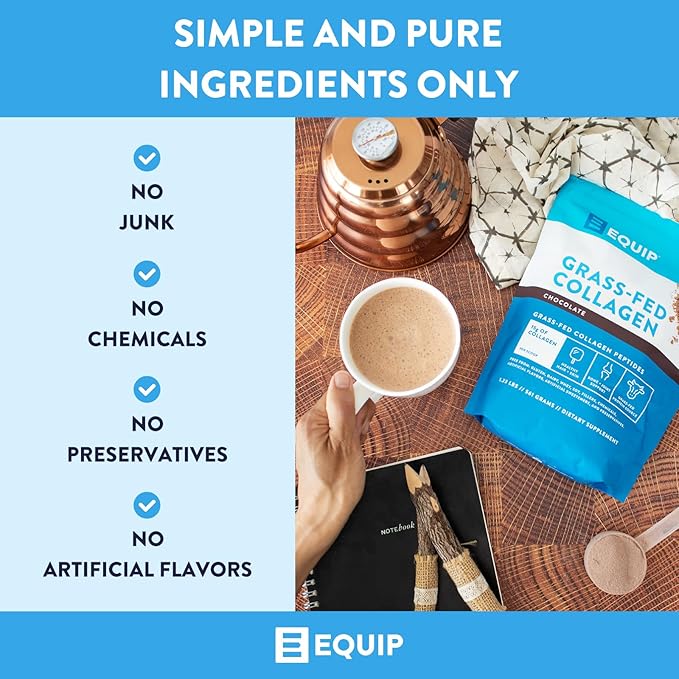 Equip Foods Grass Fed Collagen Powder | Hydrolyzed Bovine Collagen Peptides with Amino Acids | Prime Beef Collagen for Healthy Joints, Skin & Nails | Non-GMO, Paleo Friendly | 30 Servings, Chocolate
