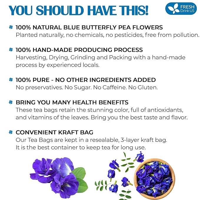 FreshDrinkUS, Premium 75 Tea Bags Blue Butterfly Pea Flowers, 100% Natural and Pure from Butterfly Pea Flowers, Made With Natural Material Tea Bag, No Sugar, No Caffeine, No Gluten, Vegan
