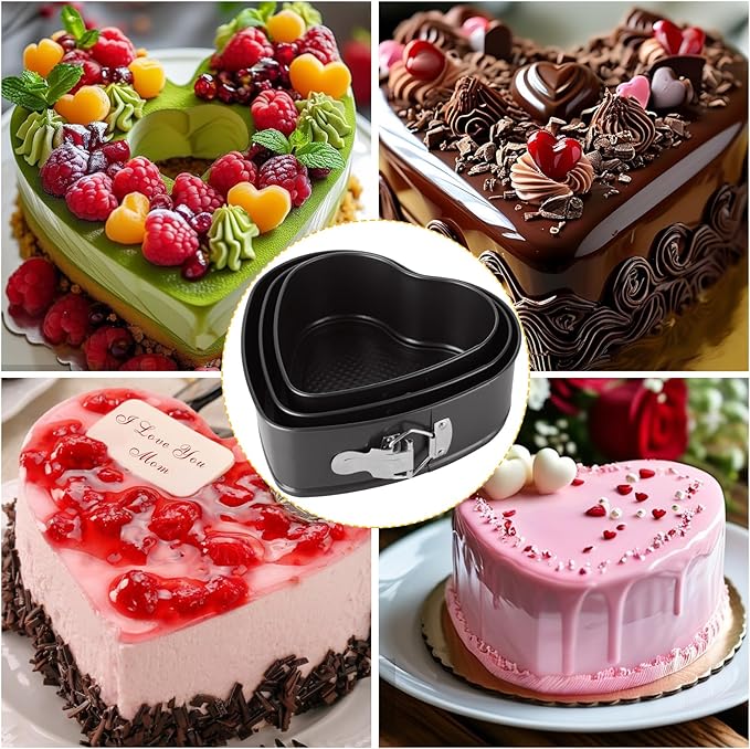 Springform Pan Set of 3 Heart Cake Pan, Heart Springform Pan with Removable Bottom, Springform Cake Pans Non-stick Bakeware for Cheesecakes, Pizza, and Quiches (7, 7.8, 8.6 inch)