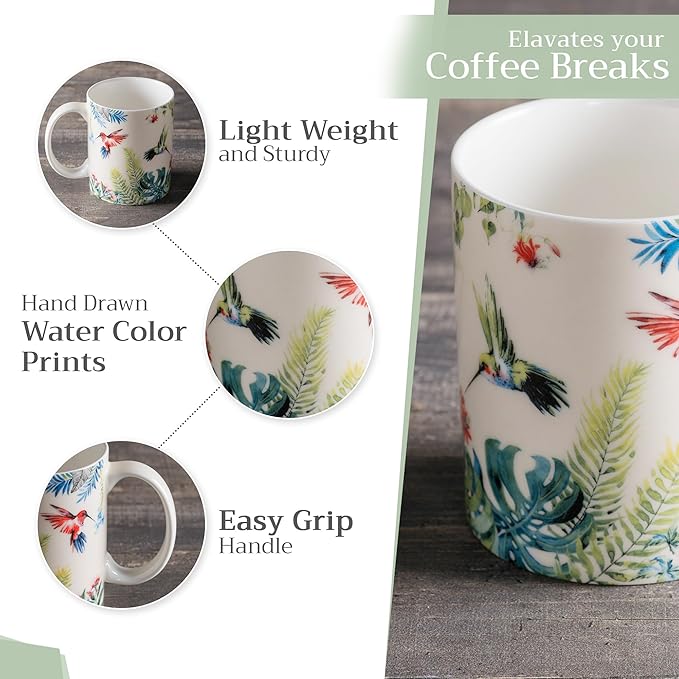 Maison d' Hermine Coffee Mug with Handles Fine Bone China Mugs Pack of One Tea Cups for Hot Beverages Cappuccino Latte Home Restaurant Office Perfect for Gift (Tropiques - Colibris, 15 Ounce)