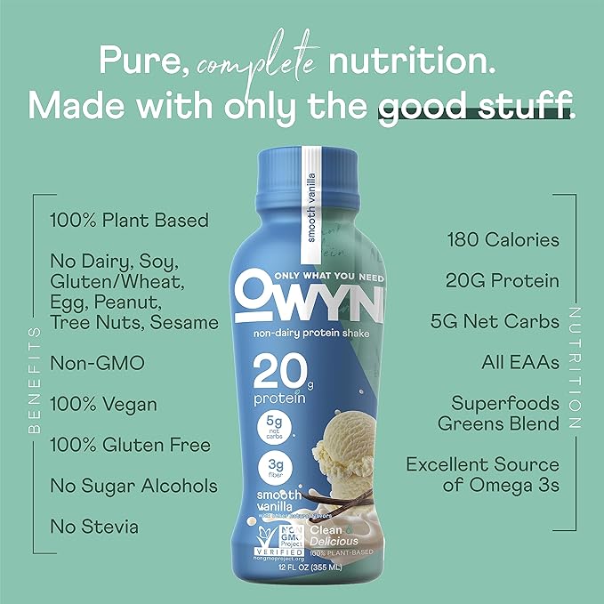 OWYN Only What You Need Plant Based Protein Shake, 20g Vegan Protein from Organic Pumpkin seed, Flax, Pea Blend, Prebiotic supplement, Superfood Greens, all-in-one nutrition, Gluten & Soy-Free (Vanilla, 12 Pack)