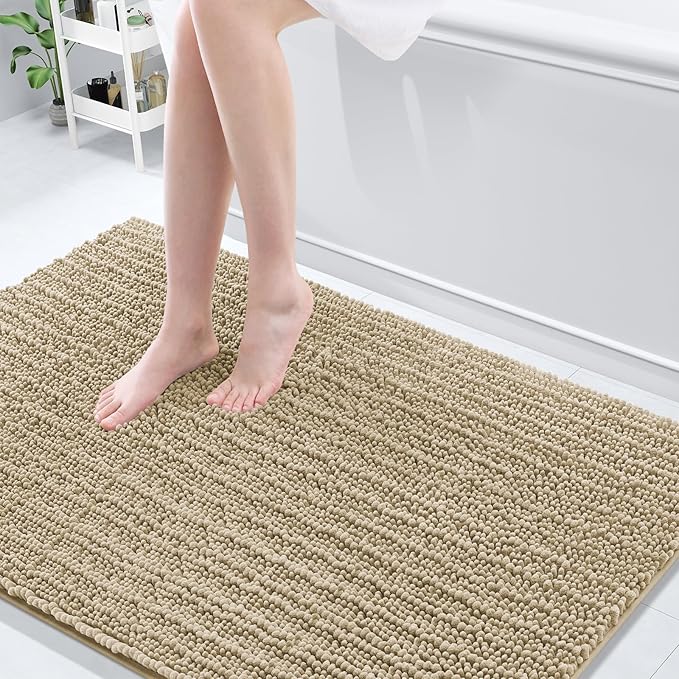 Arotive Luxury Chenille Bathroom Rug Mat, Extra Soft Thick Absorbent Shaggy Bath Rugs, Non-Slip Machine Wash Dry, Plush Bath Mats for Bathroom, Shower and Tub, 59x35, Beige