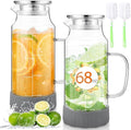 Honeydak 2 Pack Glass Pitcher with Lid, 68 oz 2 Liter Water Pitcher with Silicone Base, Spout and Handle Large Ice Tea Carafe for Fridge, Anti-slip Glass Water Jug for Drinks Tea Coffee Milk Beverage