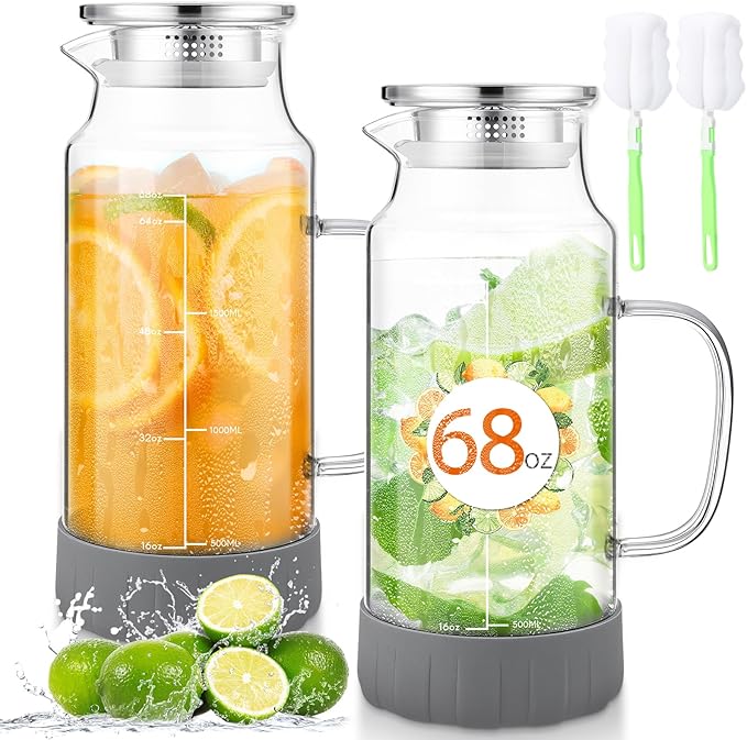 Honeydak 2 Pack Glass Pitcher with Lid, 68 oz 2 Liter Water Pitcher with Silicone Base, Spout and Handle Large Ice Tea Carafe for Fridge, Anti-slip Glass Water Jug for Drinks Tea Coffee Milk Beverage