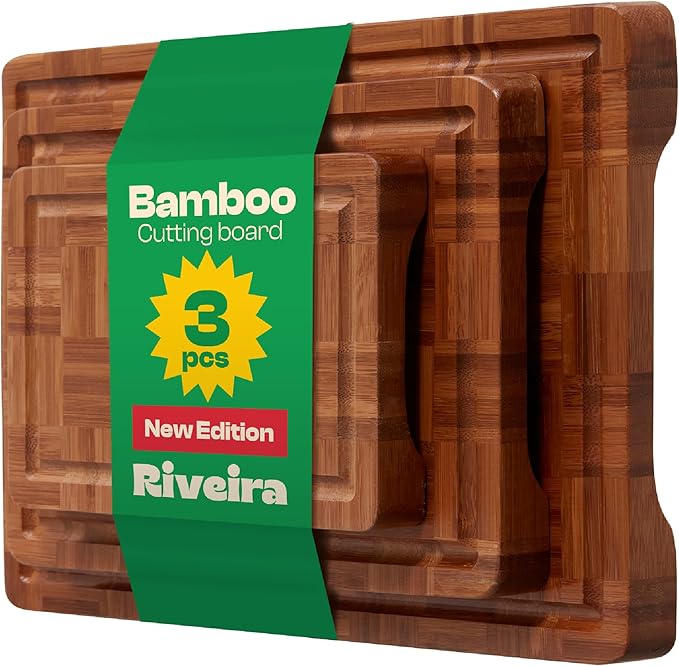 Riveira Bamboo End Grain Wood Cutting Board – Versatile And Durable: Set Of 3 Pcs Wooden Cutting Boards – Natural Wooden Cutting Boards For Kitchen Set – Complete Bamboo End Grain Cutting Board