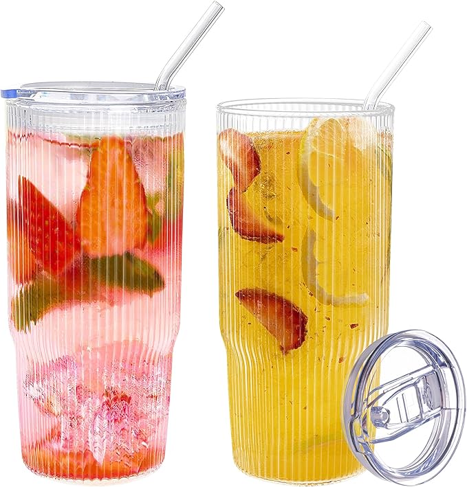 24oz Glass Tumblers with Lids and Straws 2PCS Ribbed Ice Coffee Glass Cups, Clear Thick Wall Water Iced Coffee Tumbler with Straw and Lid for Cold Beverages