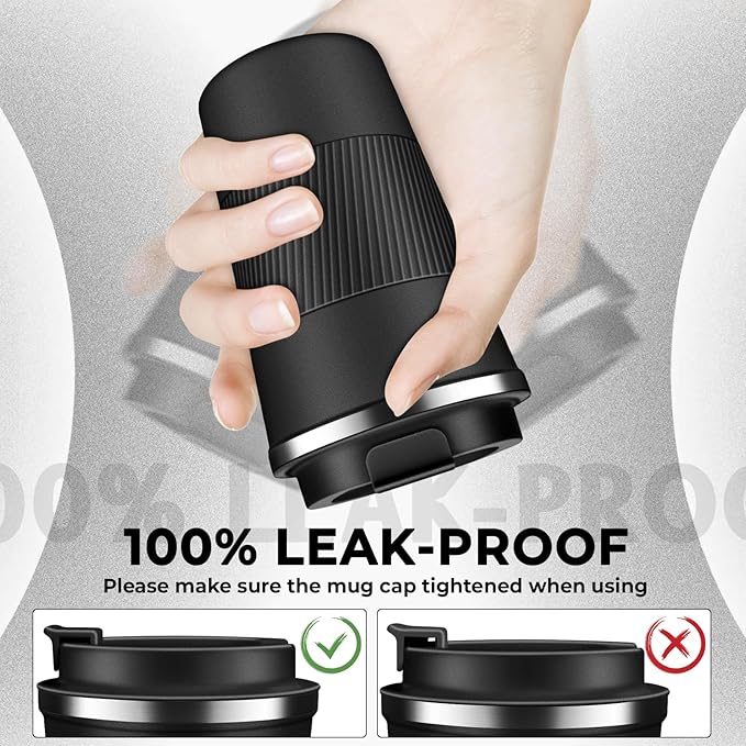 Insulated Coffee Tumbler 12 oz, Stainless Steel Coffee Mug with Lids, Travel Coffee Mug Leak Proof, Double Wall Vacuum Insulated Reusable Coffee Cup, Keep Drinks Hot and Cold (Black, 12 Ounces)