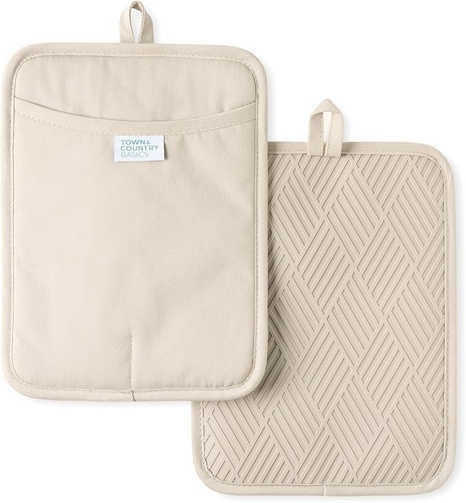 TOWN & COUNTRY BASICS Basketweave Soft Silicone Pot Holder 2-Pack Set, Heat Resistant up to 500F, Flexible Silicone, Non-Slip Grip, Beige, 7.5"x10"