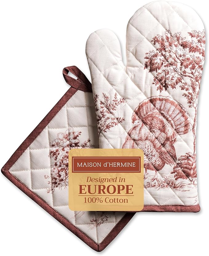 Maison d' Hermine 100% Cotton Oven Mitt & Pot Holder Set (7.5"x13" & 8"x8") Heat Resistant BBQ Cooking Gloves with Loop, Baking, Grilling, Kitchen, Handling Hot Pans (Holy Jouy - Brown)