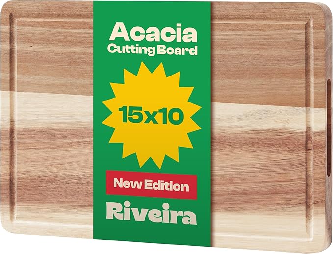 Riveira Acacia Wood Cutting Board – Gourmet Acacia Grandeur: 15 x 10 Wooden Cutting Board – Natural Wooden Cutting Boards For Kitchen Decorative – Innovative Juice Grooves Acacia Wooden Chopping Board