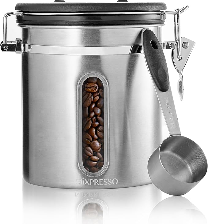Mixpresso 16 Oz Coffee Canister with Window, Stainless Steel Airtight Coffee Container & scoop, Jar Tea Storage with Date Tracker, Vacuum Sealed Espresso Airtight Canister, Sugar Container