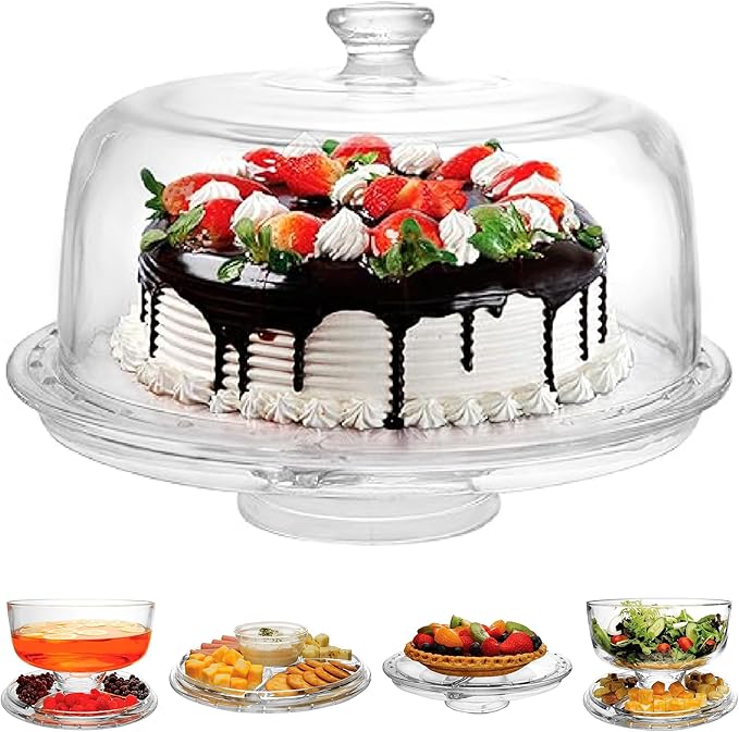 JOEY'Z Extra Large (12") 6 in 1 Acrylic Cake Stand with Dome Lid Multifunctional Serving Platter and Plate, Salad Bowl/Veggie Platter/Punch Bowl/Desert Platter/Chips & Dip - BPA Free