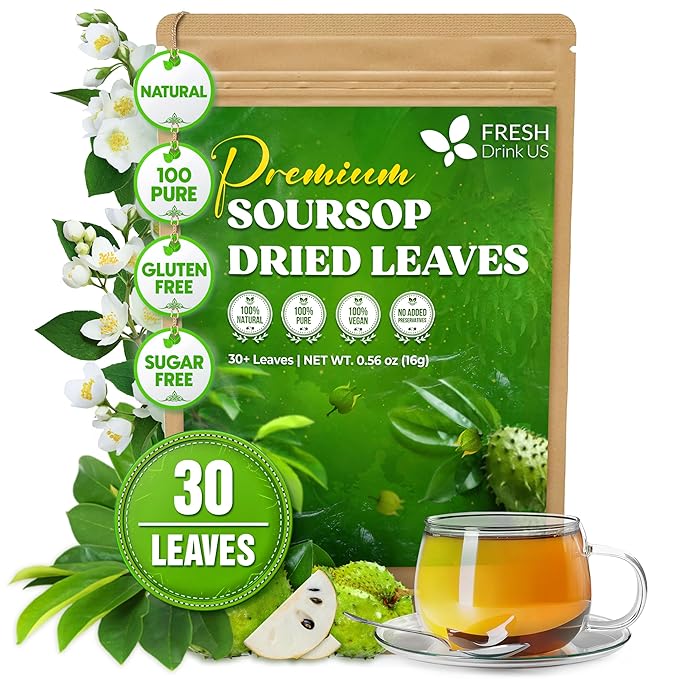 FreshDrinkUS, Premium 30+ Soursop Graviola Dried Leaves, Natural Whole Soursop Leaves, Wildcrafted, Hoja Guanabana, Loose Leaf Herbal Tea, No Gluten, Vegan