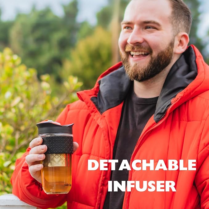 Large Travel Mug Loose Tea Infuser - Detachable Tea Strainer with Spill Proof Lid - 18oz/530ml BPA-Free Reusable Glass Travel Coffee Cup with Silicone Band (Red)