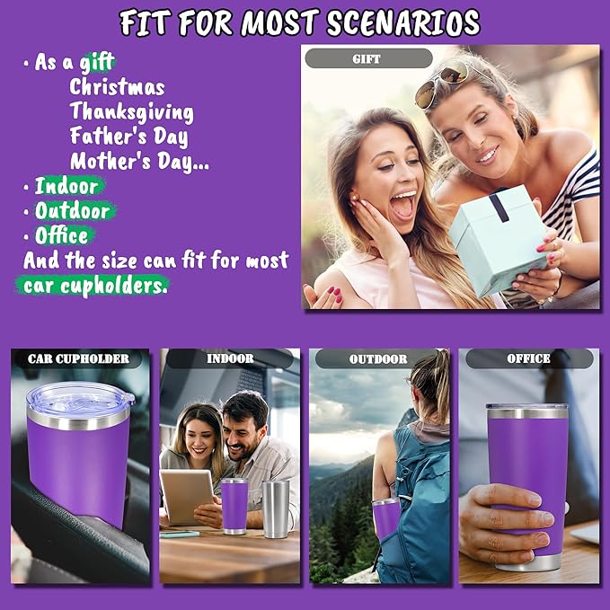 20 oz Tumbler with lid Double Wall Vacuum Insulated Tumblers Stainless Steel Coffee Mug Travel Coffee Tumbler Powder Coated Tumbler Cup Keep Hot&Cold - (PurPle 12 Pack)