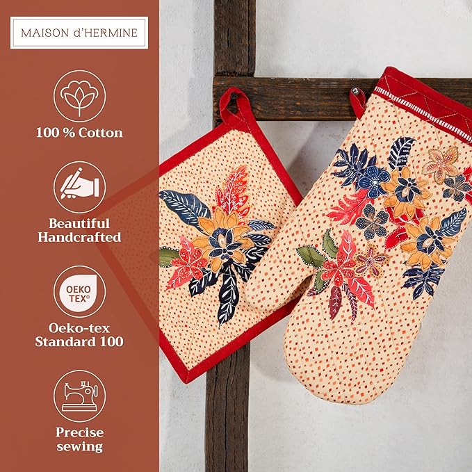 Maison d' Hermine 100% Cotton Oven Mitt & Pot Holder Set (7.5"x13" & 8"x8") Heat Resistant BBQ Cooking Gloves with Loop, Baking, Grilling, Kitchen, Handling Hot Pans (Kalahari)