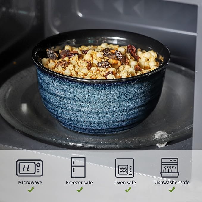 MEKY 20oz Soup Bowls, Stackable and Durable Ceramic Bowls for Kitchen, Elegant Perfect for Pasta, Cereal,Oatmeal, Rice, and Ice Cream, Microwave & Dishwasher Safe,Set of 6, Blue