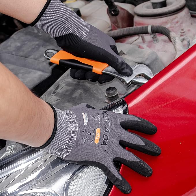 Kebada W2 Work Gloves for Men and Women, Nitrile Coated Working Gloves for Gardening, Construction, Warehouse, Safety Gloves for Work in Yard and Outdoors, 6 Pairs, Large