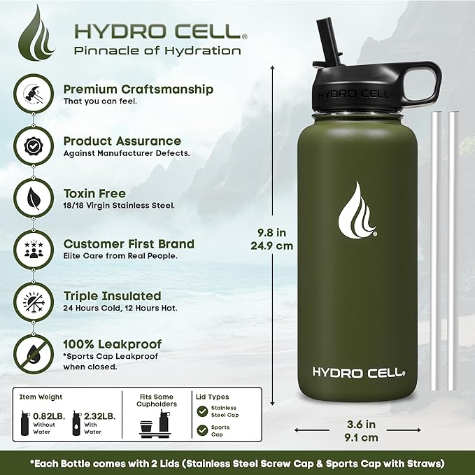 HYDRO CELL Stainless Steel Insulated Water Bottle with Straw - For Cold & Hot Drinks - Metal Vacuum Flask with Screw Cap and Modern Leakproof Sport Thermos for Adults (Army 32oz)