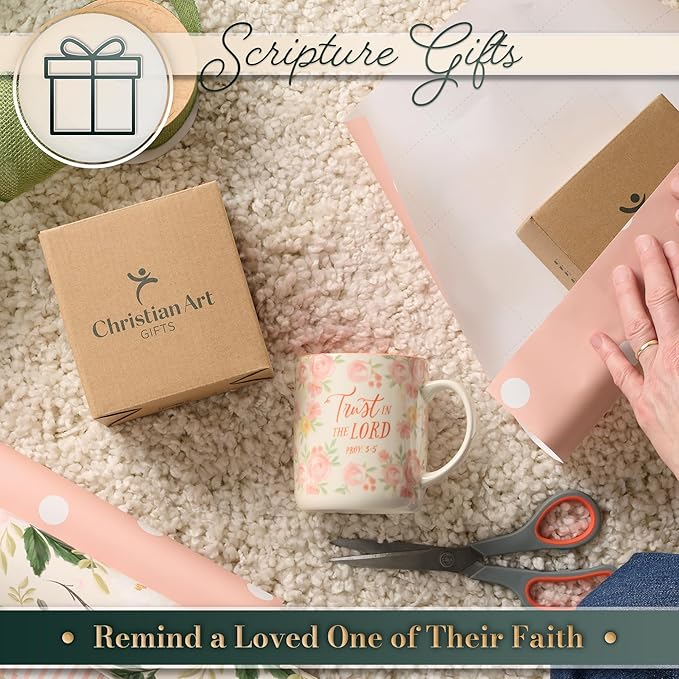 Christian Art Gifts Large Inspirational Women's Ceramic Coffee & Tea Scripture Mug: Trust in the Lord Encouraging Bible Verse, Microwave/Dishwasher Safe Novelty Drinkware, White & Pink Floral, 14 oz.