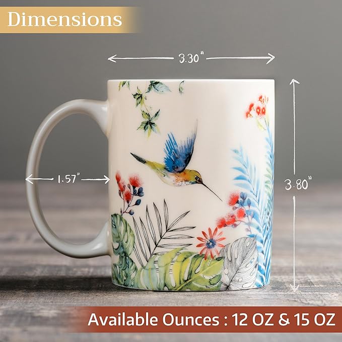 Maison d' Hermine Coffee Mug with Handles Fine Bone China Mugs Pack of One Tea Cups for Hot Beverages Cappuccino Latte Home Restaurant Office Perfect for Gift (Tropiques - Colibris, 15 Ounce)