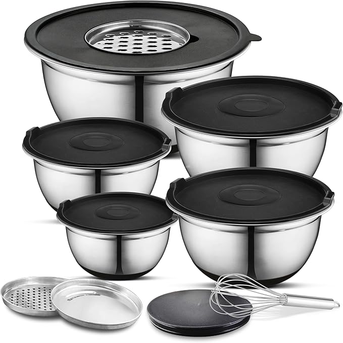 AVADOR Premium Stainless Steel Mixing Bowls Sets Brushed Stainless Steel Mixing Bowl Set, Easy To Clean, Space Saving, Great for Cooking, Baking, Prepping Needs (9 pc Anti Slip with Lid and Graters)