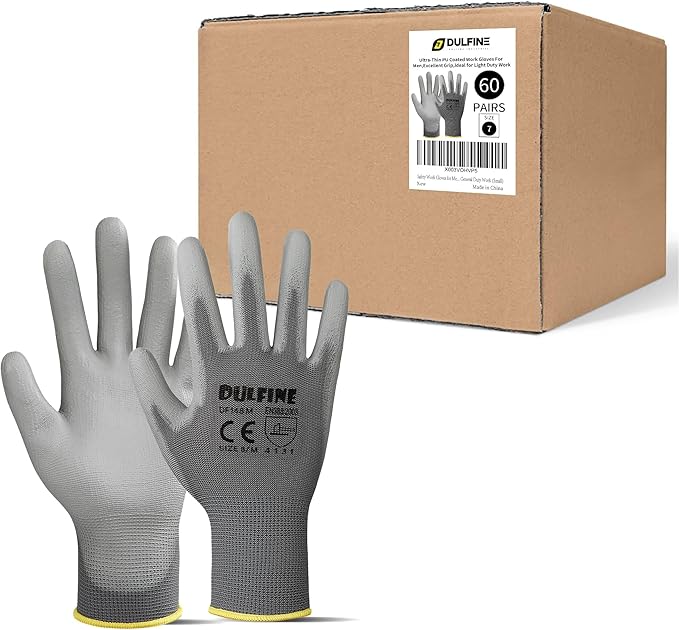 Safety Work Gloves for Men PU Coated 60 Pairs Bulk Pack,Grey Seamless Knit Glove with thin Polyurethane Coated Smooth Grip on Palm & Fingers, for Men and Women, Ideal for General Duty Work (XX-Large)