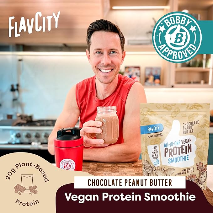 FlavCity Vegan Protein Powder - Chocolate Peanut Butter - 20g Almond, Plant Based Protein Powder - Dairy-Free Shake - With Organic Fruit, Reishi & Cordecyps Mushrooms - No Blender Needed (15 Servings)