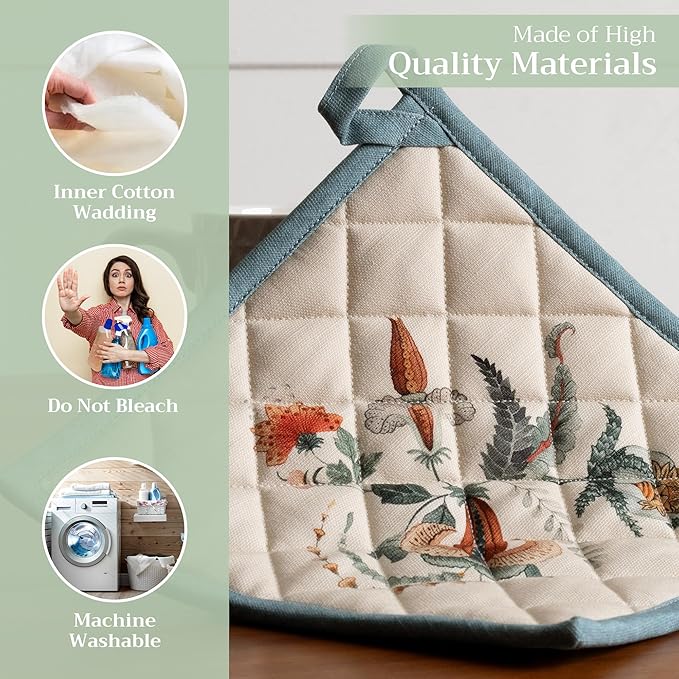 Maison d' Hermine Pot Holders Set 100% Cotton Heat Resistant Potholders 8" x 8" Hot Pads with Loop BBQ, Cooking, Baking, Grilling, Kitchen, Handling Hot Pans (Pack of 2, Dalida)