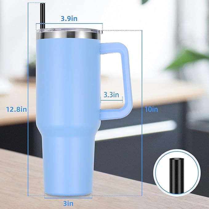 DOMICARE 40 oz Tumbler with Handle and Straw, Stainless Steel Tumbler with Lid and Straw, Reusable Vacuum Insulated Cup, Travel Coffee Mug, Blue, 4Pack