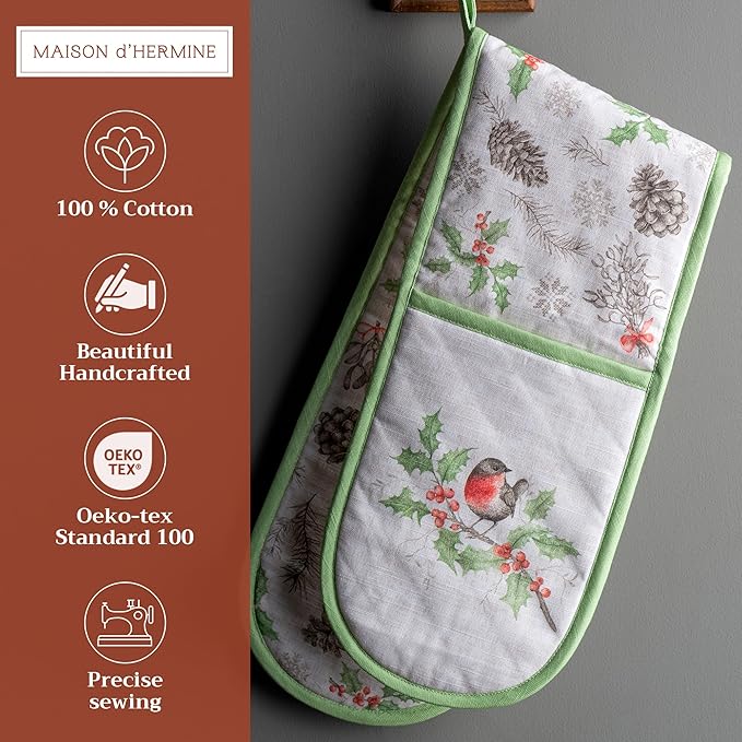 Maison d' Hermine Double Oven Mitts 100% Cotton 7"x35" Double Oven Mitt Heat Resistant BBQ Cooking Gloves with Loop, Baking, Grilling, Home, Kitchen, Handling Hot Pans (Christmas Dew)