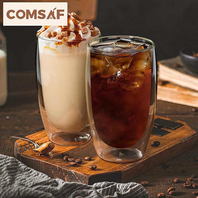 ComSaf 15oz Double Wall Glass Coffee Mugs, Insulated Latte Cups Set of 2, for Coffee, Espresso, Tea, Milk, Clear Cappuccino Cups Set Glassware Gift for Christmas Birthday