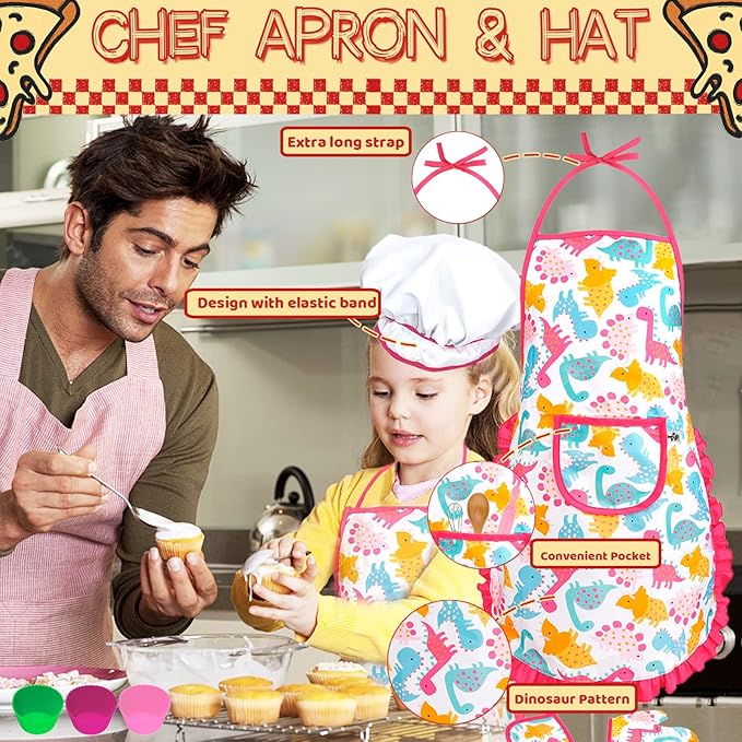 KAEGREEL Kids Baking Set 26Pcs with Dinosaur Apron & Hat Cooking Chef Dress Up Role Play Toys, Kitchen Toys Pretend Play Gifts for Girls Boys Aged 3 4 5 6 8 Years Old