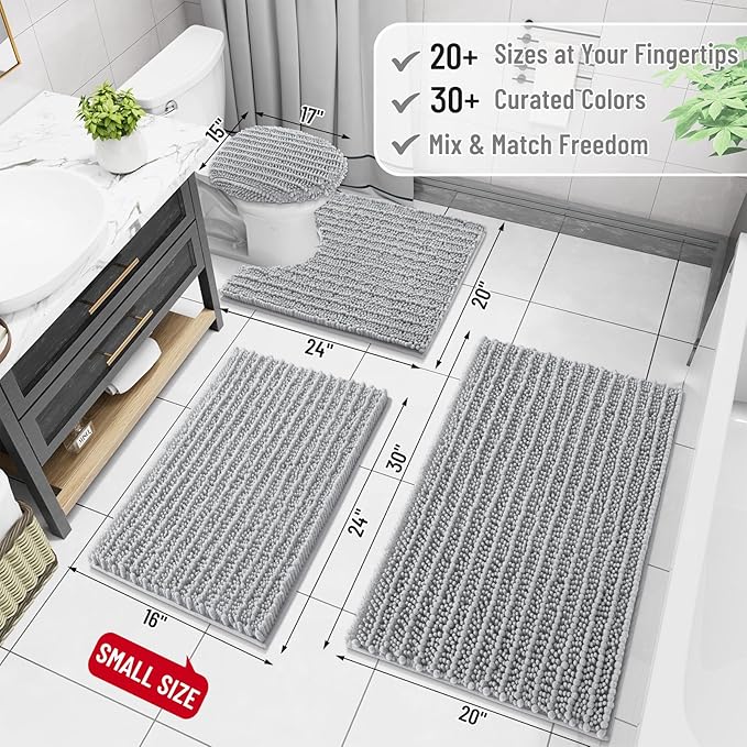 Arotive Luxury Chenille Bathroom Rug Mat, Extra Soft Thick Absorbent Shaggy Bath Rugs, Non-Slip Machine Wash Dry, Plush Bath Mats for Bathroom, Shower and Tub, 36x24, Light Grey