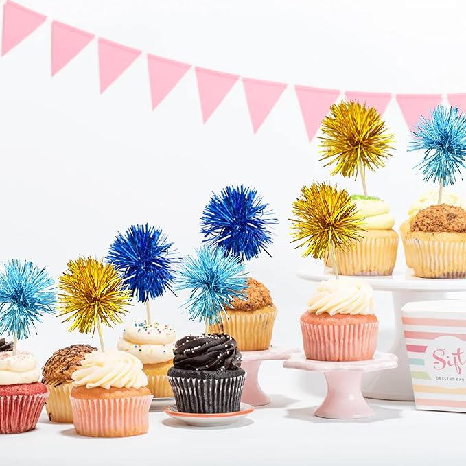 Gyufise 30Pcs Foil Firework Cupcake Toppers Sparkle Tinsel Cake Toppers Tinsel Drink Cake Decoration Cocktail Picks for Birthday Wedding Graduation Party Supplies Gold Light Dark Blue