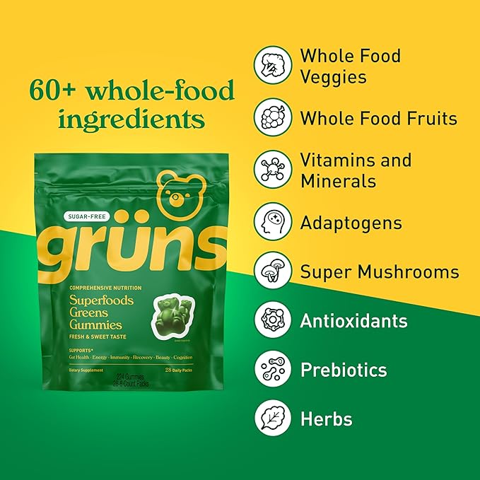 Gruns Adult Sugar-Free Super Greens Gummies, Superfood Vitamin Gummy Bears with Spirulina, Chlorella, Fiber & Prebiotics for Digestive Health, Adaptogens Supplement, 20 Vitamins & Minerals, 28 packets