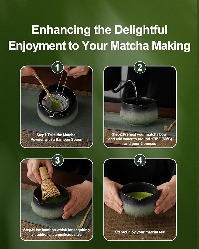 ZENS Matcha Whisk Set, Matcha Kit Set with Bowl and Bamboo Whisk, 304 Sifter, Scoop, (Chasen Holder) -Tea Mat, 6pcs Matcha Set for Latte-Making, Sage Green