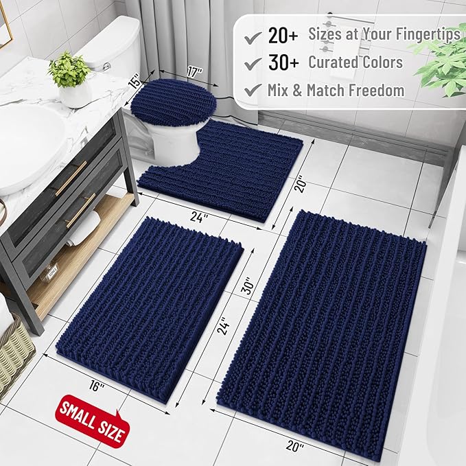 Arotive Luxury Chenille Bathroom Rug Mat, Extra Soft Thick Absorbent Shaggy Bath Rugs, Non-Slip Machine Wash Dry, Plush Bath Mats for Bathroom, Shower and Tub, 30x20, Navy
