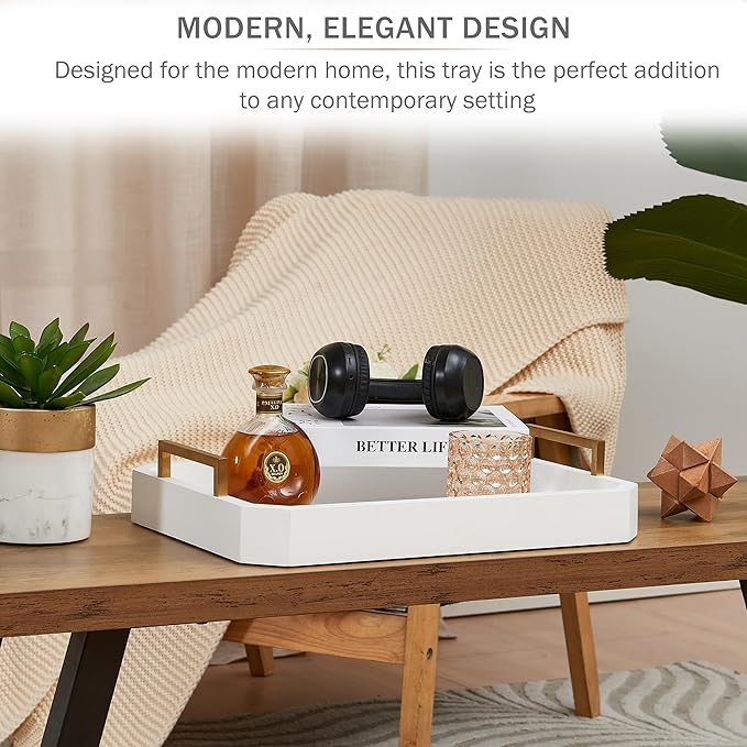 Decorative Acacia Wood Ottoman Tray - Coffee Table Tray - Breakfast, Party, Drinks, Snack, Liquor Serving Platter - Farmhouse to Modern - Brass Handles (Moonlight White)