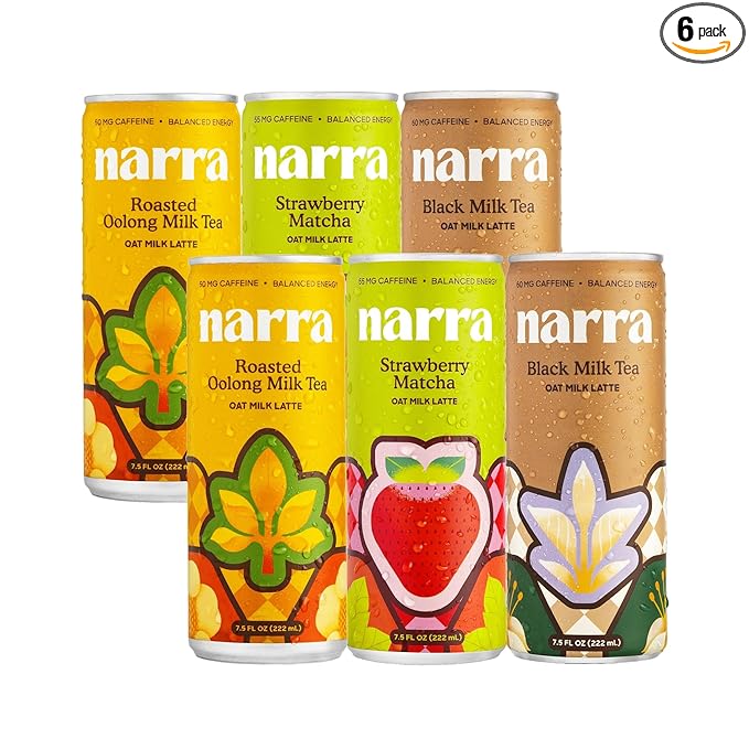 Narra, Oat Milk Tea Latte Variety Pack - Black Tea, Roasted Oolong, Strawberry Matcha, Natural Caffeine & L-Theanine, Organic Oat Milk, MCT Oil, Dairy Free, Non-GMO, 7.5 Fl Oz (6 Pack)