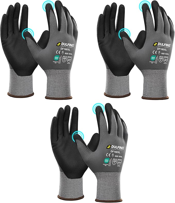 DULFINE Safety Work Gloves MicroFoam Nitrile Coated-3 Pairs Pack,Seamless Knit Nylon Glove with Black Micro-Foam Nitrile Grip,Ideal for General Purpose,Automotive,Home Improvement,Painting(XX-Large)