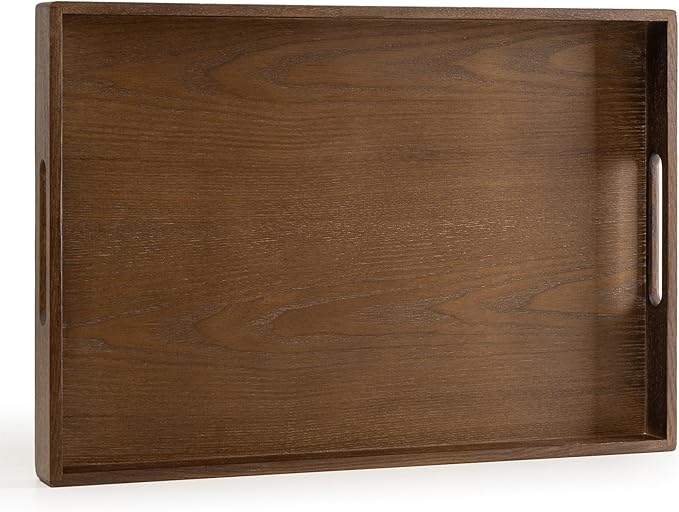 Axeman Wooden Serving Tray with Wood Handles|Ottoman Tray for Breakfast, Bed, Couch|17x12in Ash Wood Coffee Table Trays|Food Drinks Decorative Storage Boards for Ottoman Kitchen, Walnut
