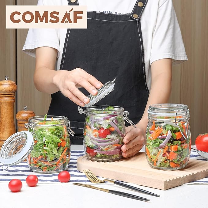 ComSaf 25oz Airtight Glass Canisters with Lids Set of 6, Round Food Storage Jar Container with Clamp Lids for Kitchen Canning Cereal Coffee Pasta Sugar Beans Spice, Clear Mason Jars with 12 Labels