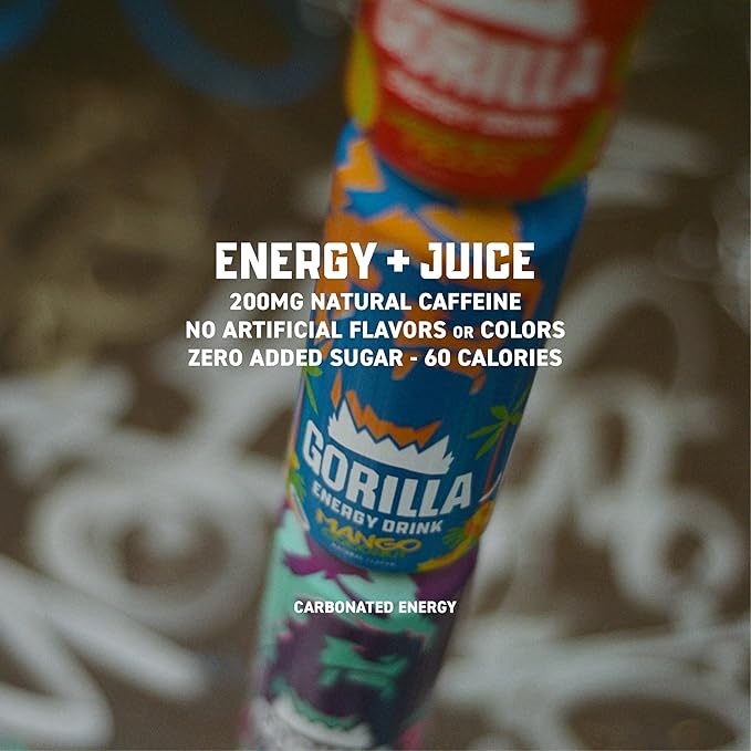 Gorilla Energy Drink, Mango Coconut, 200mg Natural Caffeine, Real Fruit Juice Squeezed & Concentrated, L-Theanine, Taurine, Ginseng, Acetyl L-Carnitine, No Added Sugar and No Artificial Colors, 12 Pack
