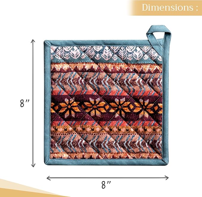 Maison d' Hermine Pot Holders Set 100% Cotton Heat Resistant Potholders 8" x 8" Hot Pads with Loop BBQ, Cooking, Baking, Grilling, Kitchen, Handling Hot Pans (Pack of 2, Fair Isle)