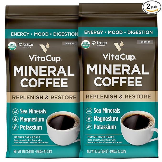 VitaCup Mineral Coffee with Trace Minerals, Hydrate, Replenish & Restore w/All Natural Sea Minerals, Electrolytes, Organic Coffee, Single Origin, Medium Dark Roast, Ground Coffee, 2 Bags 10oz Each