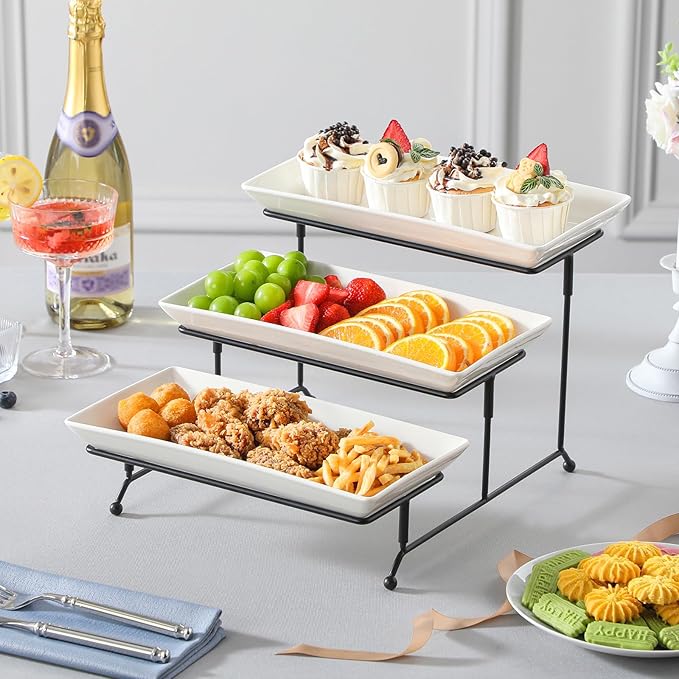 MALACASA 3 Tier Serving Trays for Party, Porcelain Serving Platters and Trays, 12 Inch Tiered Tray Stand, Fruit Tray, Trays for Serving Food, White Dessert Stand with Collapsible Sturdier Metal Rack