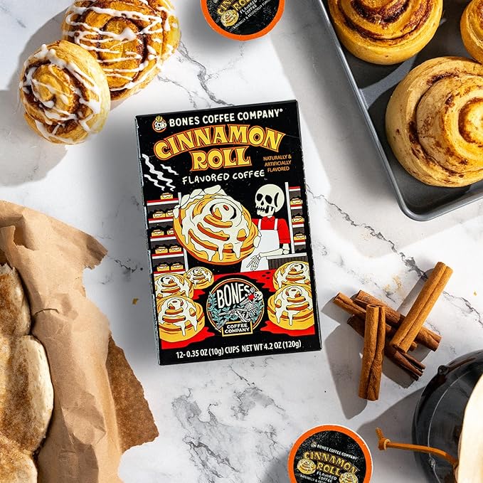 Bones Coffee Company Cinnamon Roll Flavored Coffee Pods, Low Acid Medium Roast Single-Serve Bones Cups, Compatible with 1.0 & 2.0 K-Cups Brewers Coffee Maker, 12 Count