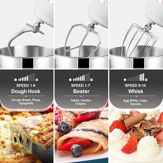 Kitchen in the box 7QT 900W 10-Speed Stand Mixer, Tilt-Head Kitchen Electric Mixer with Dough Hook, Whisk & Flat Beater(Frost White)